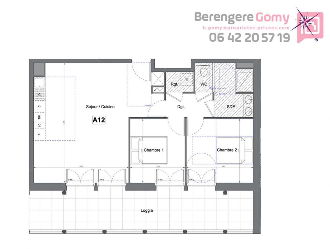 Appartement 3 pièces de 65 m2 avec 2 chambres, pièce de vie de 33m2 et loggia vue Seine
