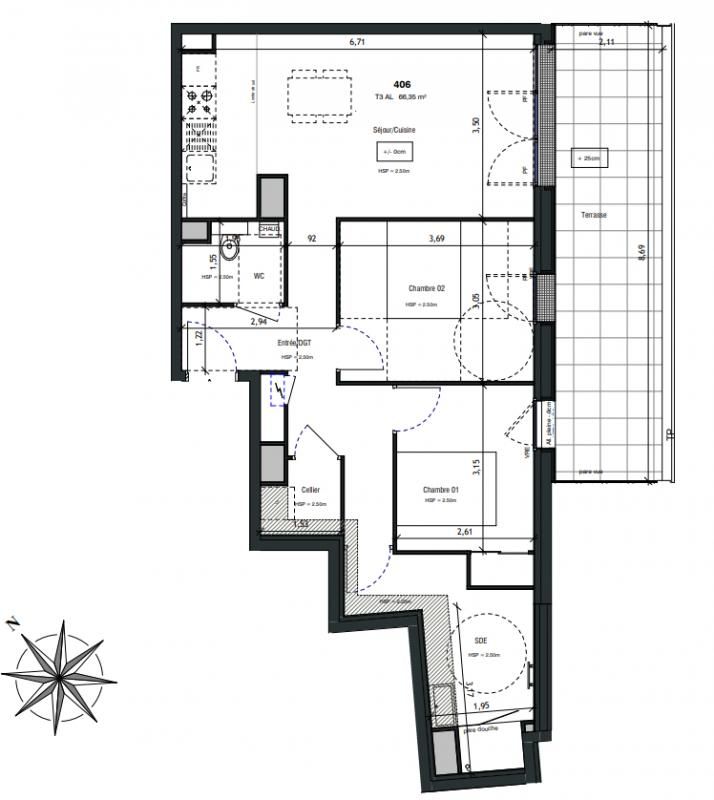 VANNES Appartement Vannes 3 pièces 66m2, terrasse 18m2 et parking couvert 2