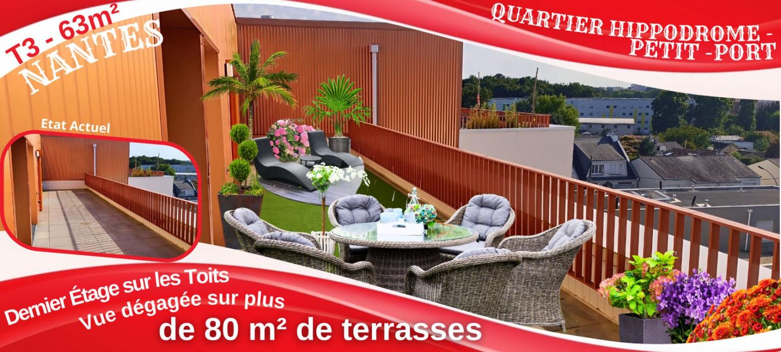 Nantes Quartier Hippodrome-Petit-Port T3 de 63m² - Dernier étage-Terrasse de 80m²