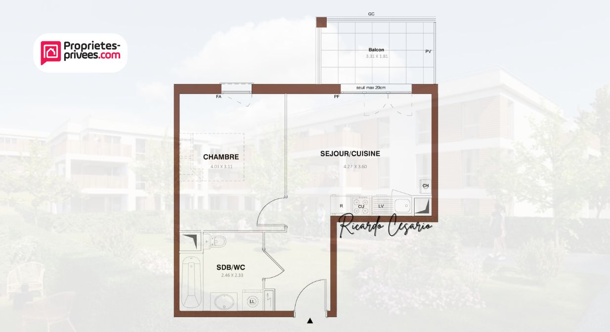 Pontivy (56300) Appartement T2 37,80 m² avec balcon et parking