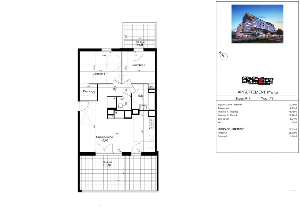 BEZIERS T3 récent 69 m² avec grande terrasse exposée Sud Ouest, dernier étage 2