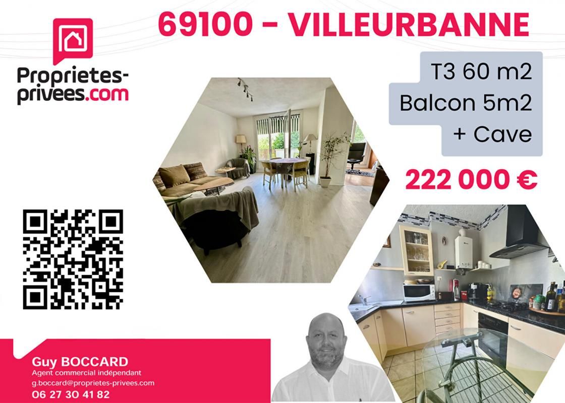 Appartement Villeurbanne 3 pièce(s) 60 m2 + cave + Balcon