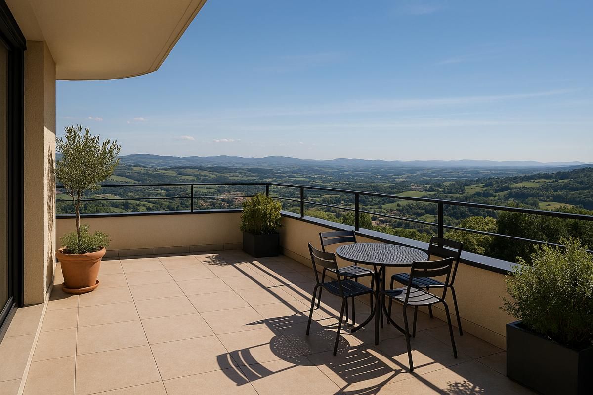 T4 étage élevé 84m², belle terrasse, vue imprenable Monts du Lyonnais