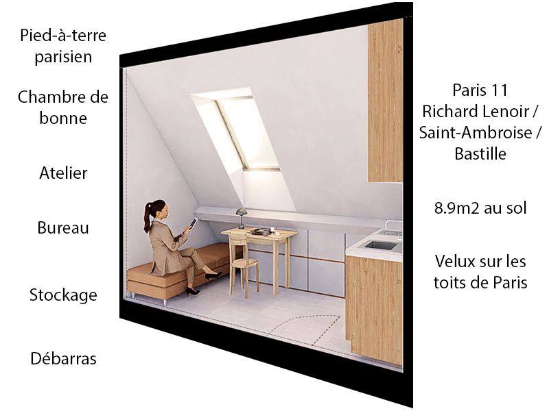 PARIS-11E-ARRONDISSEMENT Pied-à-terre parisen - Bureau / Stockage / Débarras - Chambre de bonne - 8,9 m² au sol - Paris 11 1