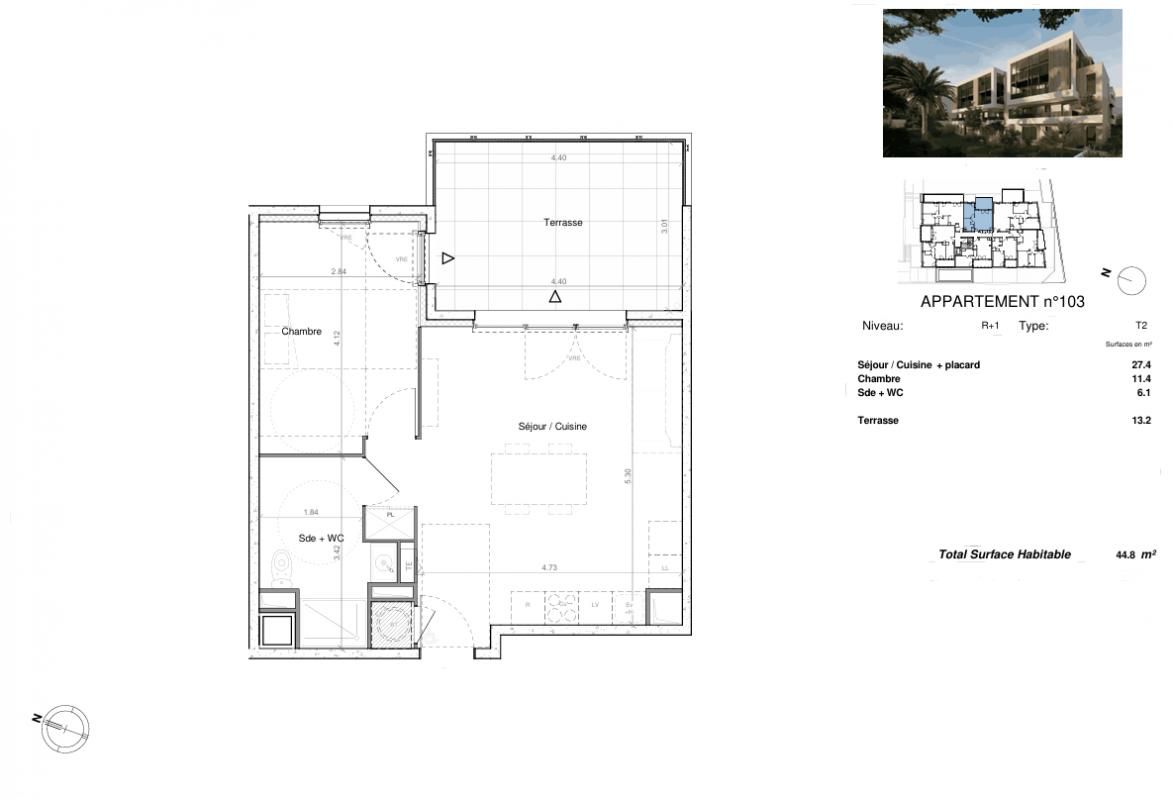 SETE T2 de 44,5 m² au premier étage, terrasse de plus de 13 m² exposée Est. Sète, proche de l'Espace Georges Brassens 3