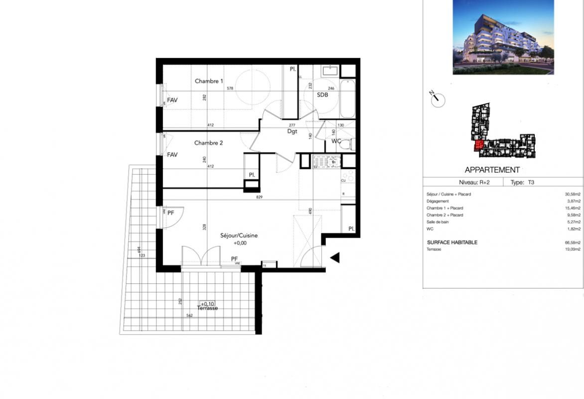 BEZIERS T3 67 m² troisième étage avec terrasse de 19 m² Ouest, Béziers (Avenue du Président Wilson) 2