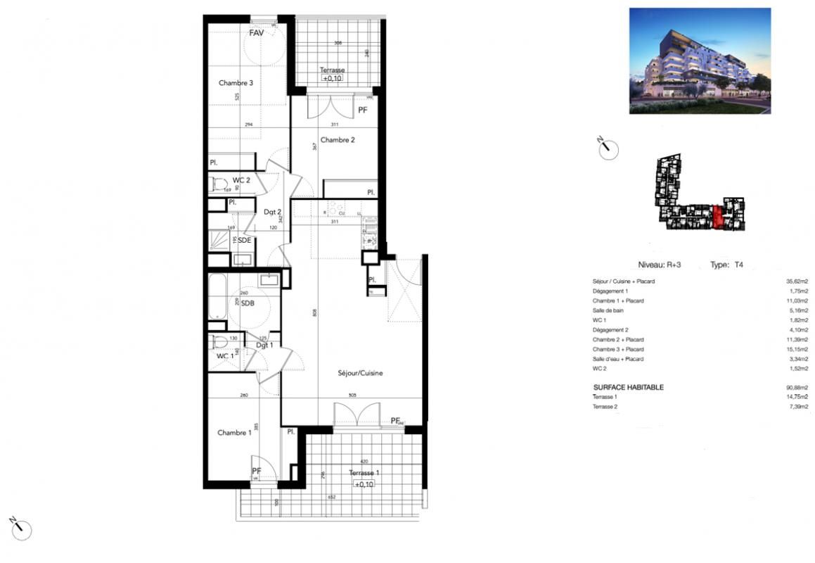 BEZIERS T4 91 m² troisième étage avec deux terrasses 15 m² , et 7 m² Béziers (Avenue du Président Wilson) 2