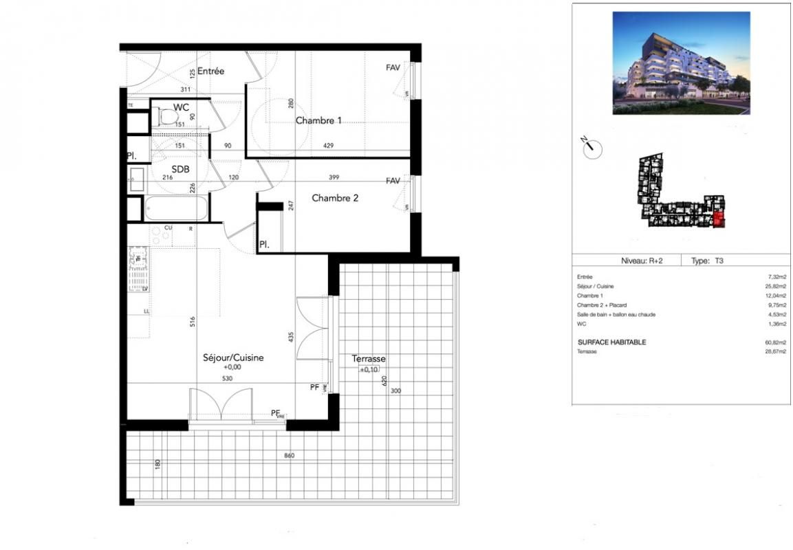 BEZIERS T3 61 m² deuxième étage avec terrasse de 29 m² Sud, Béziers (Avenue du Président Wilson) 2