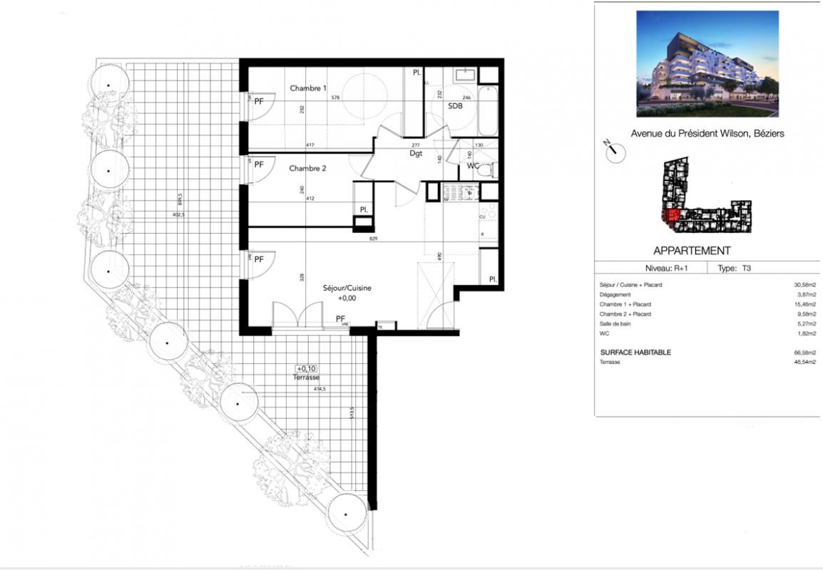 BEZIERS T3 de 66 m² avec terrasse de 48 m², exposée Ouest à deux pas du Polygone 2