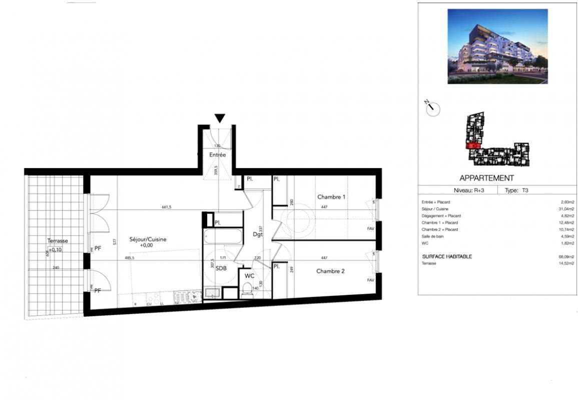 BEZIERS T3 68 m² troisième étage avec terrasse de 14,50 m², Béziers (Avenue du Président Wilson) 2