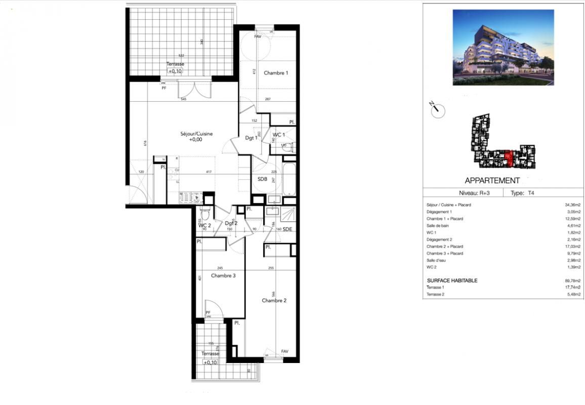 BEZIERS T4 90 m² troisième étage avec deux terrasses 17 m² , et 5,5 m² Béziers (Avenue du Président Wilson) 2
