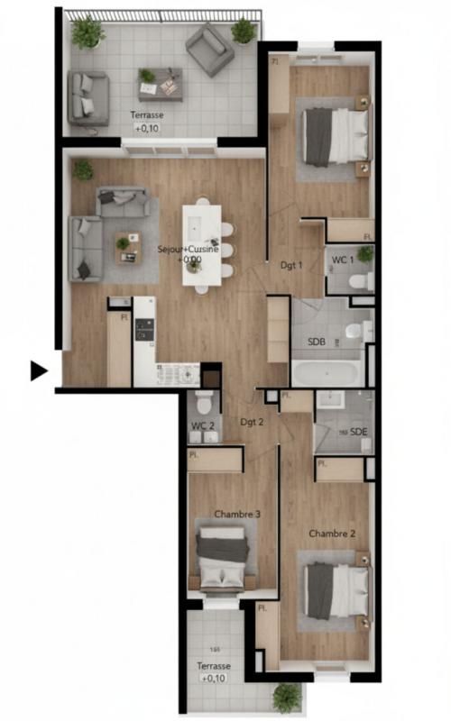 BEZIERS T4 90 m² troisième étage avec deux terrasses 17 m² , et 5,5 m² Béziers (Avenue du Président Wilson) 3