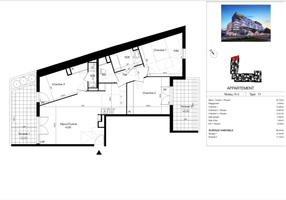 BEZIERS T4 86 m² troisième étage avec  deux terrasses, Béziers (Avenue du Président Wilson) 2