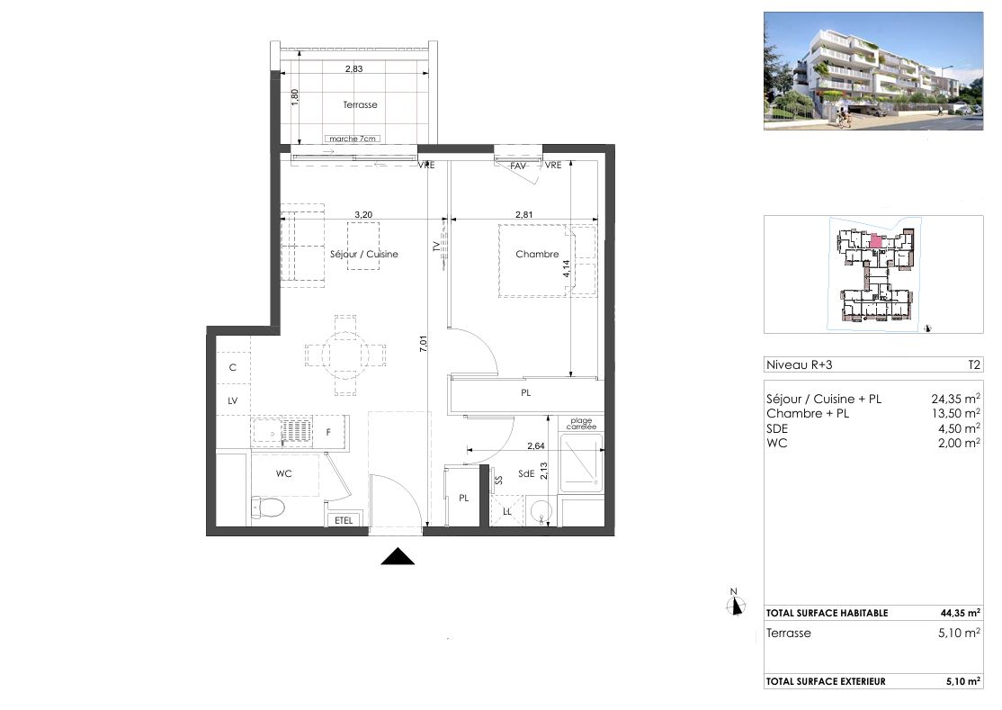 SETE T2 de plus de 44 m² avec terrasse. Quartier de la Corniche à Sète 2