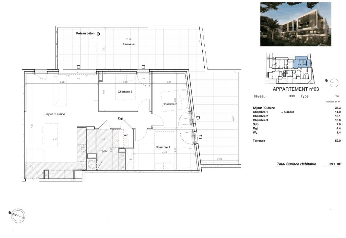 SETE T4 de plus de 83 m², avec terrasse d'angle de 52 m² exposée Sud-Est, proche Espace BRASSENS 2
