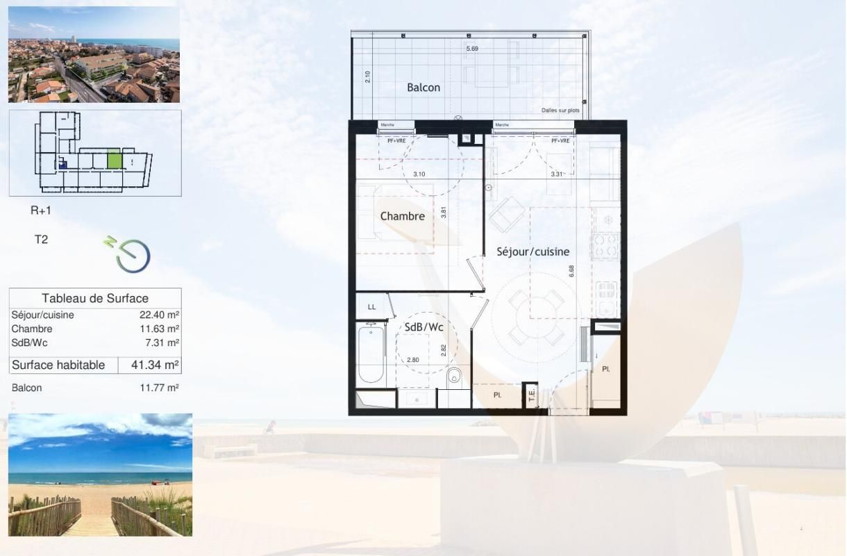VALRAS-PLAGE T2 lumineux de plus de 41 m², exposé Est, avec parking privatif, à 150 m de la plage 2