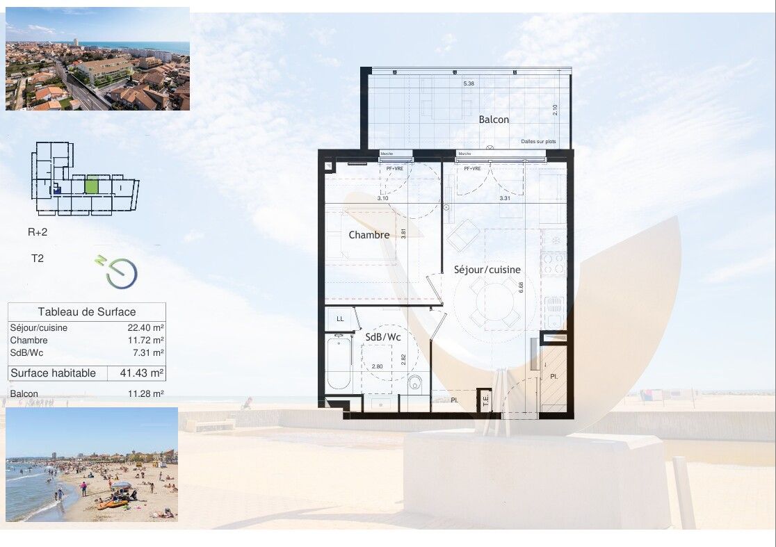 VALRAS-PLAGE T2 lumineux de plus de 41 m², exposé Est, avec parking privatif, à 150 m de la plage 2