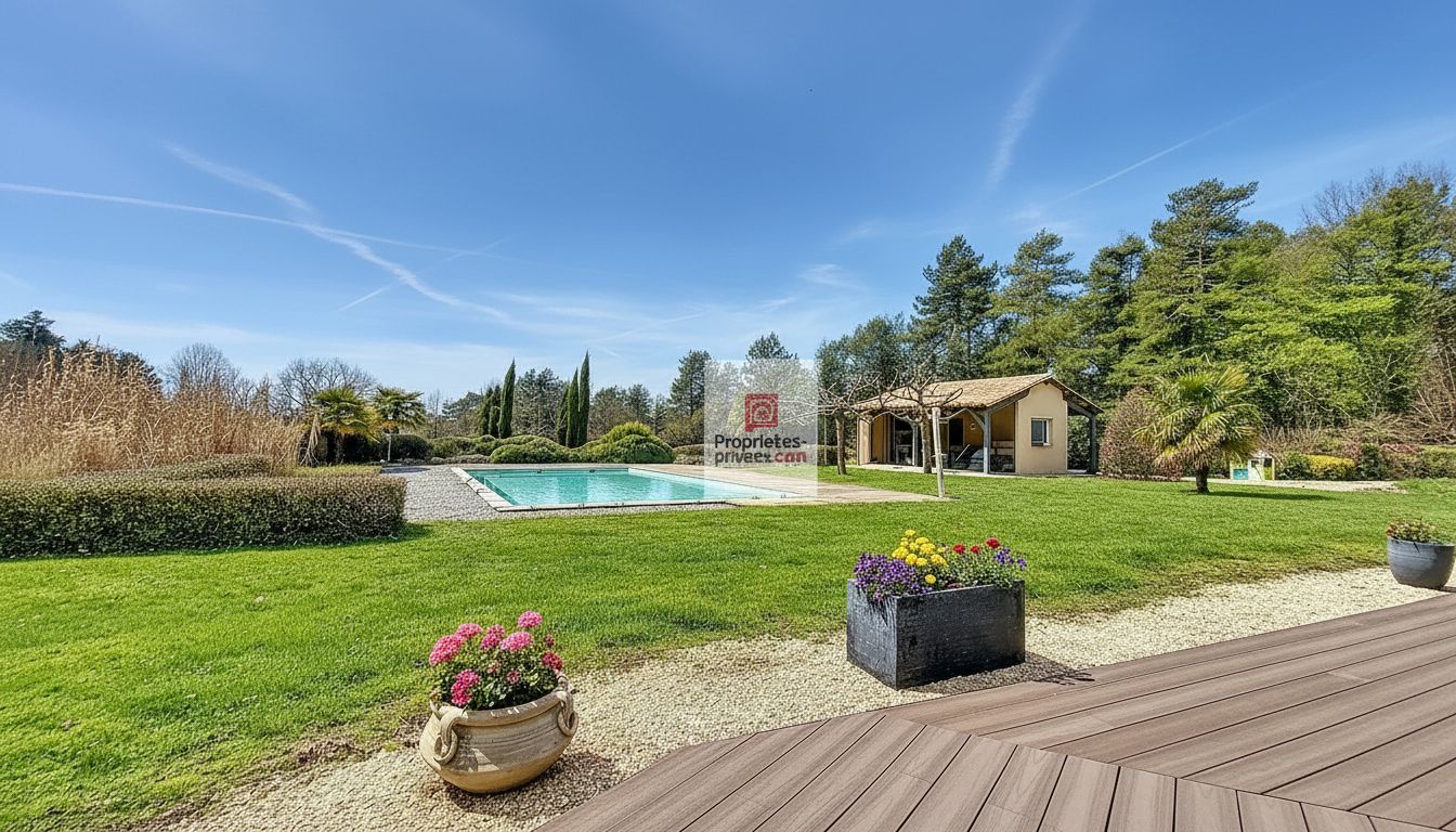 ROUFFIGNAC-SAINT-CERNIN-DE-REILHAC (DPE B et non C). Belle propriété de charme, loin des regards indiscrets, secteur PLAZAC/ROUFFIGNAC. 3-4 chambres. Piscine 12 X 6. Double garage. Autres dépendances. Jardin paysagé et bois: 2 ha 2