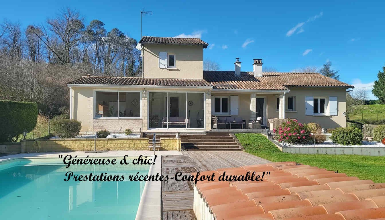 Maison chaleureuse et facile à vivre, rénovée, avec 5 chambres. 2 salles d 'eau.2 wc. Sous-sol. 2 cuisines. Garage. Piscine 11 X 6M. 2 Terrasses. Jardin clos de  2678 m2