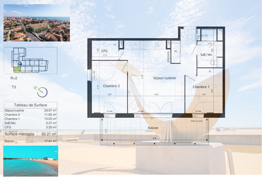VALRAS-PLAGE À 150 m de la plage. T3 lumineux de plus de 60 m² exposé Ouest avec 2 parkings 2