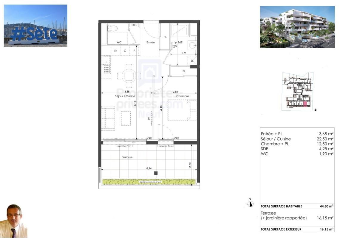 SETE Corniche de Sète. T2 de standing, Terrasse 16 m² Sud, Bord de Mer 2