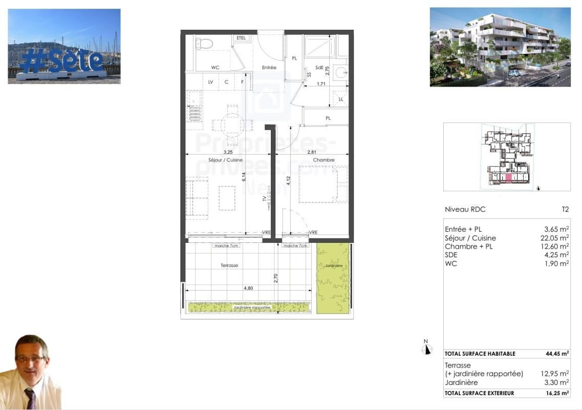 SETE Corniche de Sète. T2 de standing, Terrasse plus jardinière 13 m² Sud, Bord de Mer 2