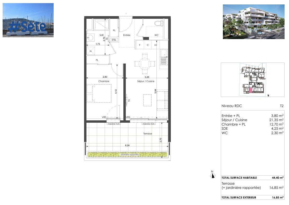 SETE Corniche de Sète. T2 de standing, Terrasse avec jardinière 17 m² Sud, Bord de Mer 2