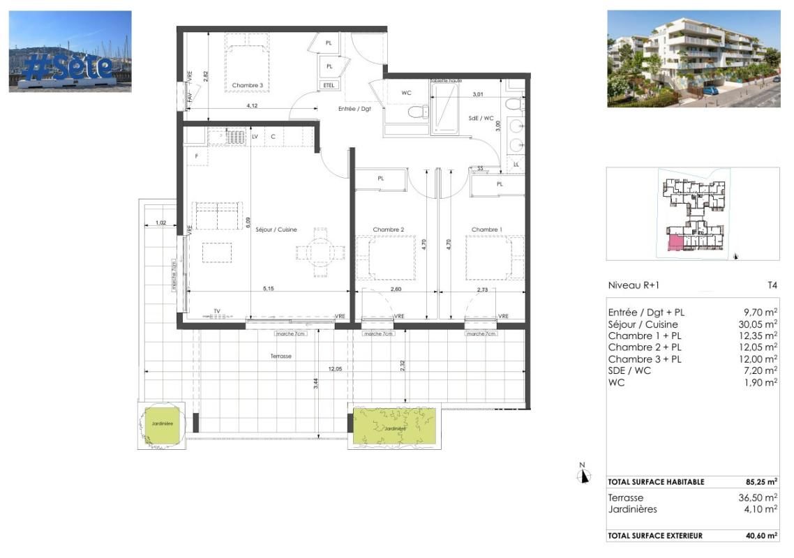 SETE Corniche de Sète. T4 de standing, Terrasse plus jardinière 40,6 m² Sud, Bord de Mer 3