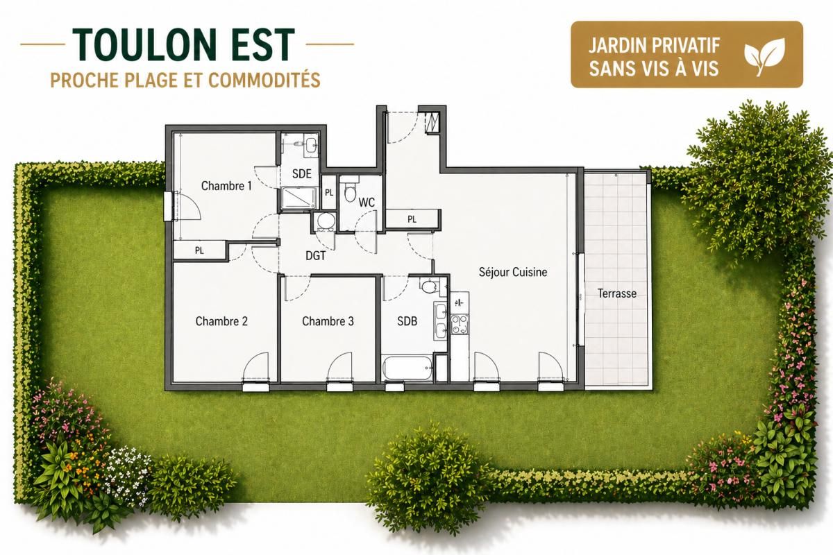 TOULON Toulon Cap Brun - Appartement  T4  rez-de-jardin   87.63 m2 neuf 1