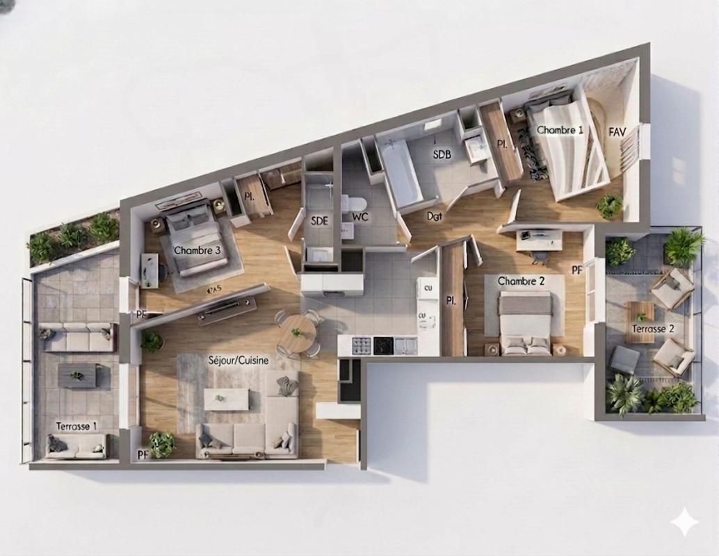 BEZIERS T4 d'exception en dernier étage, avec sa terrasse privée côté salon et sa terrasse côté chambre 2